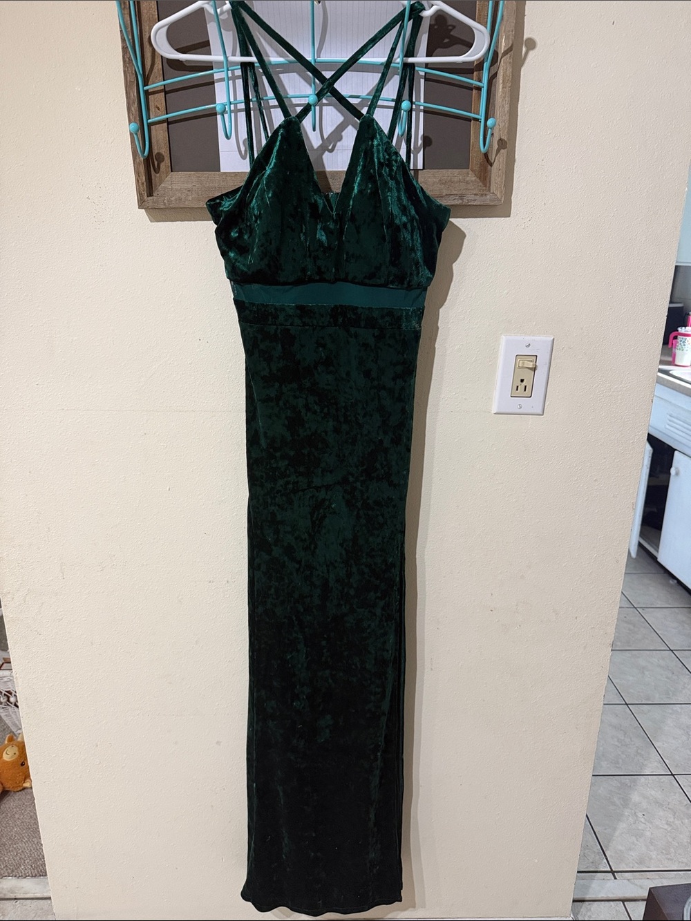 Honey and Rosie Deep Emerald Green Velvet Maxi Dress Crisscross Straps Formal